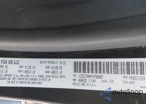 2015 Chrysler 200 Limited z USA, uszkodzony, nr VIN 1C3CCCAB4FN758087